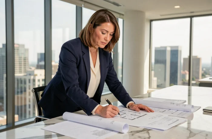 Femme investisseuse immobilière analysant des plans et documents de patrimoine dans un bureau moderne avec vue sur la ville