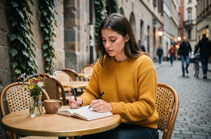 Jeune femme écrivant dans un journal intime dans un café de rue pavé européen avec une tasse de café et des fleurs sauvages