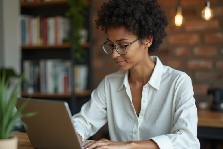 Femme lisant un article sur un ordinateur portable dans un espace de coworking moderne, illustrant l'accès à l'information numérique pour tous