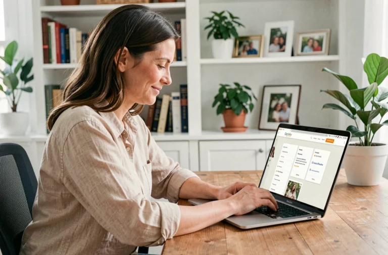Femme naviguant sur le site Happy Family depuis un bureau à domicile, découvrant l'organisation claire et intuitive du site