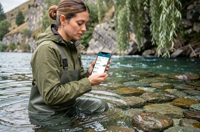 Femme pêcheuse en rivière utilisant une application mobile de gestion de carnet de pêche sur smartphone depuis l'eau