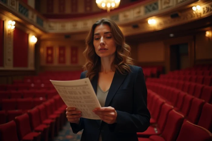 Femme consultant un plan de salle imprimé dans les allées du théâtre du Palais-Royal pour choisir sa place