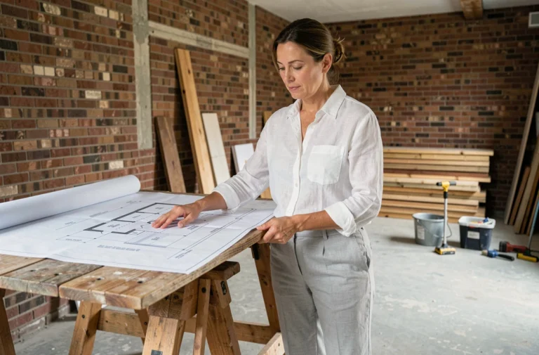 Femme consultant des plans de rénovation dans un salon en travaux avec murs en briques apparentes