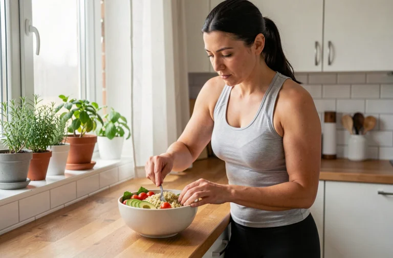 Femme préparant un repas sain et équilibré avec des légumes frais pour perdre du poids durablement