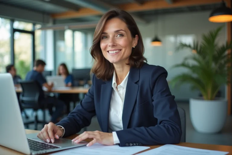 Femme professionnelle confiante travaillant dans un bureau moderne, illustrant la dynamisation de carrière avec JumpboostPro
