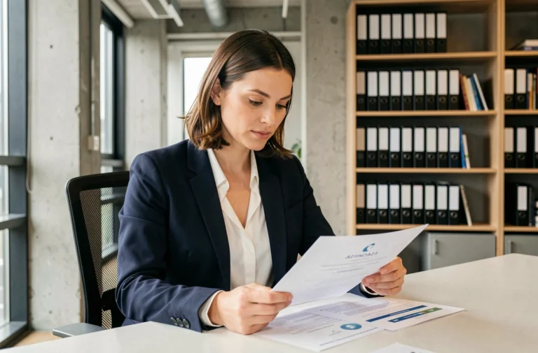 Femme professionnelle en blazer marine examinant des documents de certification sur un bureau moderne dans un open space contemporain