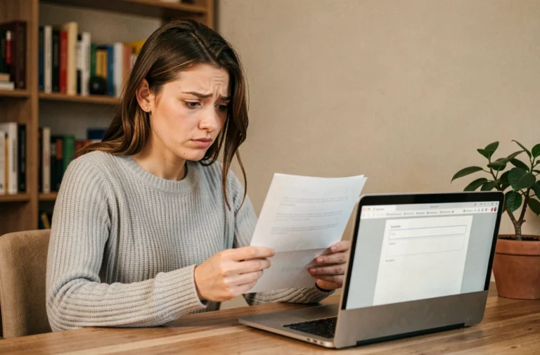 Femme consultant un document imprimé pour retrouver un code d'enquête perdu sur son bureau à domicile