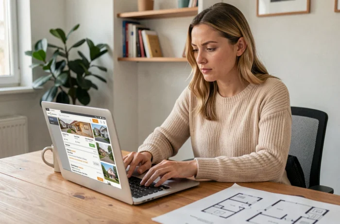 Femme utilisant une plateforme de location immobilière en ligne sur son ordinateur portable dans un bureau à domicile