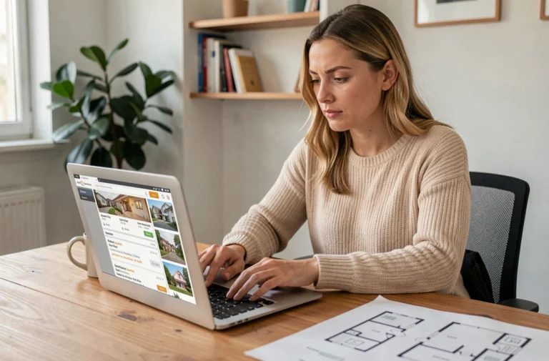 Femme utilisant une plateforme de location immobilière en ligne sur son ordinateur portable dans un bureau à domicile
