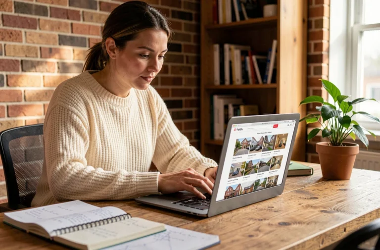 Femme cherchant un logement adapté sur un site de location en ligne depuis son bureau à domicile
