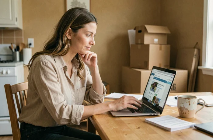 Femme cherchant un logement en location sur son ordinateur portable dans un appartement avec des cartons de déménagement