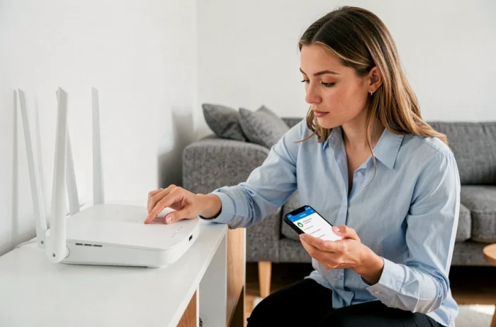 Vrouw die een internetrouter reset om een verbindingsprobleem thuis op te lossen