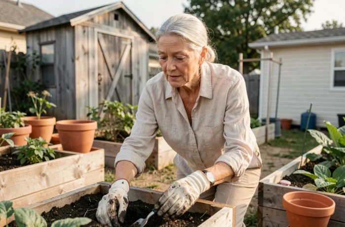 Femme âgée épanouie faisant du jardinage pendant sa retraite active