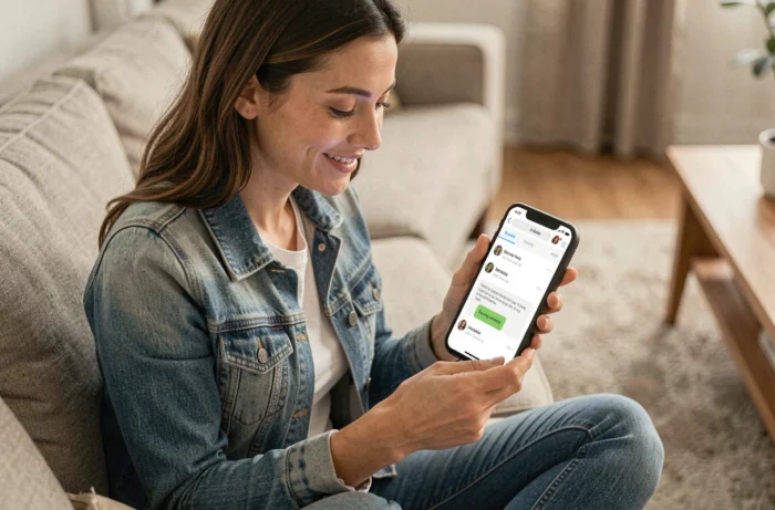 Junge Frau, die ihren verlorenen Umfragecode in ihrem E-Mail-Postfach auf dem Smartphone von ihrem Sofa aus findet