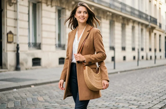 Femme élégante portant un sac baguette en raphia cognac dans une rue pavée européenne, tendance accessoires mode automne 2024