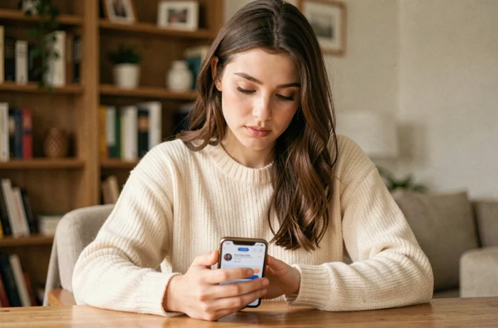 Jeune femme consultant Snapchat sur son smartphone et regardant le statut en ligne d'un contact