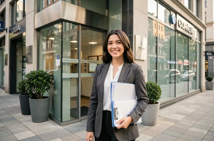 Une jeune femme souriante sort d'une agence bancaire avec ses documents de demande de crédit accordé