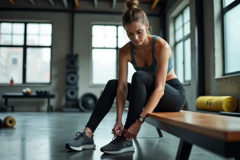 Femme sportive qui lace ses chaussures de running dans une salle de sport moderne entourée d'équipements fitness essentiels