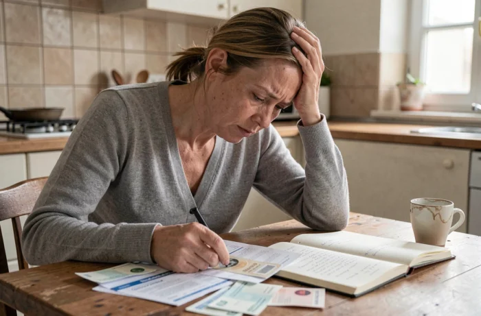 Femme en situation de surendettement examinant ses factures et relevés bancaires à sa table de cuisine