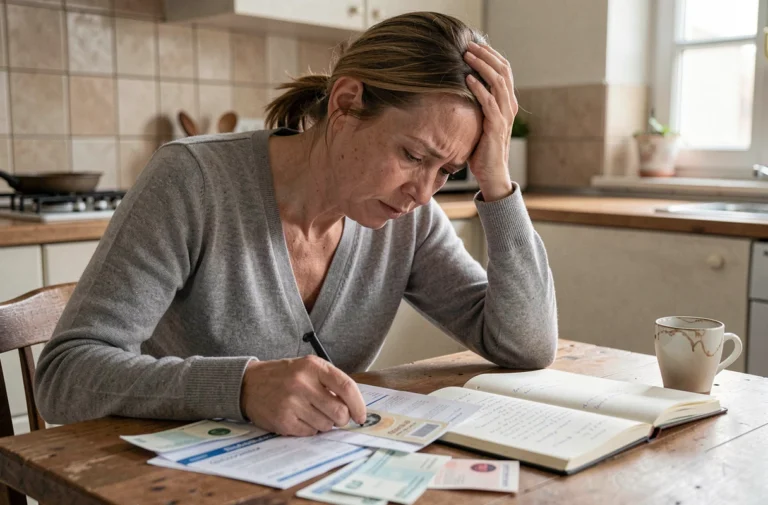 Femme en situation de surendettement examinant ses factures et relevés bancaires à sa table de cuisine
