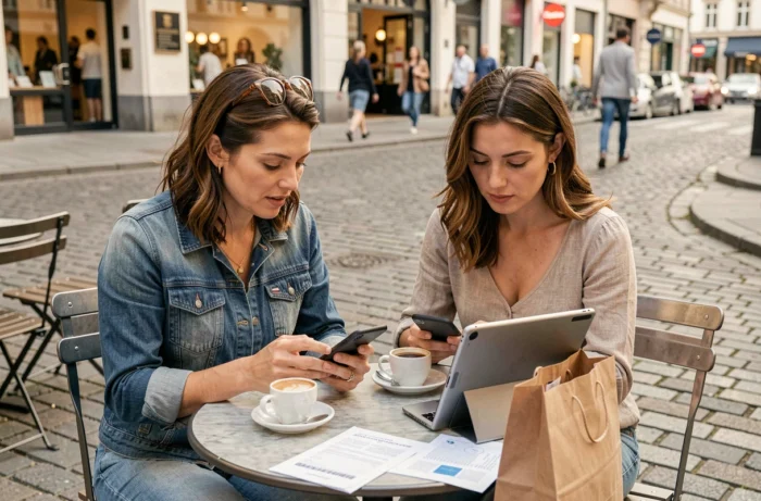 Deux femmes comparant des prix et des promotions en ligne sur leurs smartphones dans un café en terrasse en ville