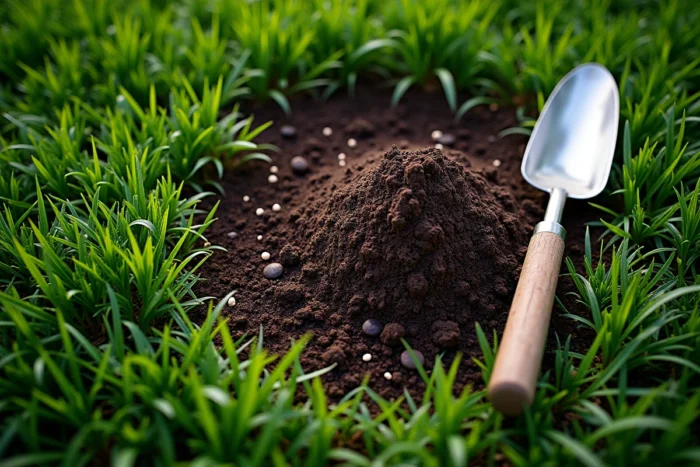 Vue du dessus d'un gazon en cours de fertilisation naturelle avec compost et graines sur la pelouse