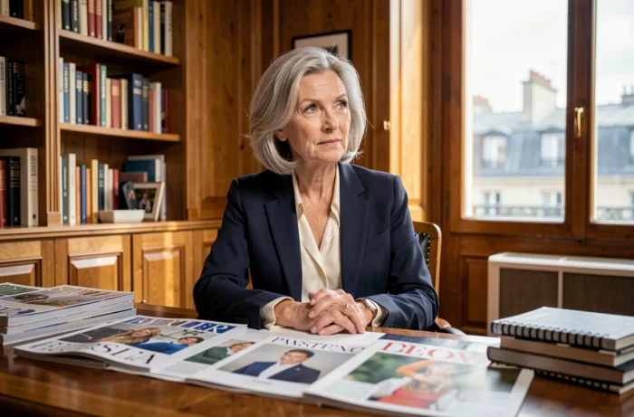 Portrait de Florence Kieffer dans son bureau parisien, femme accomplie aux cheveux argentés en blazer marine