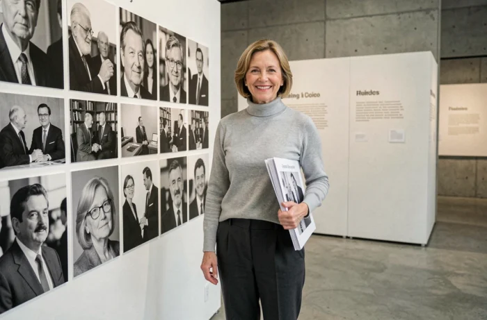 Florence Kieffer lors d'une exposition médiatique, tenant un portfolio de presse dans une galerie contemporaine