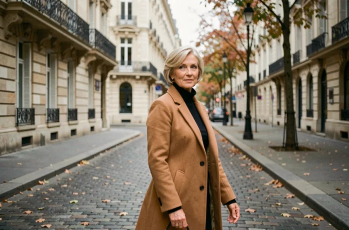 Florence Kieffer marchant dans un boulevard haussmannien à Paris en automne, portrait de femme accomplie