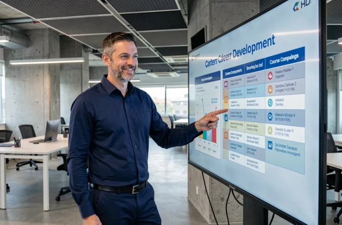 Professional die opleidingsopties analyseert op een interactief scherm in een bedrijf