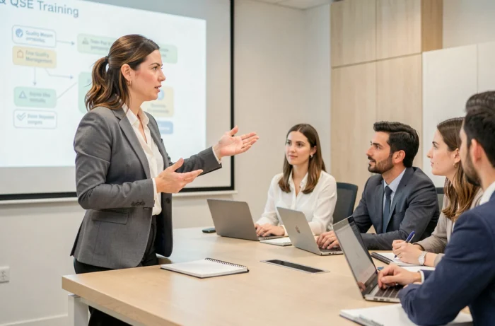 Formatrice QSE che conduce una sessione di sensibilizzazione alla qualità e alla sicurezza in azienda