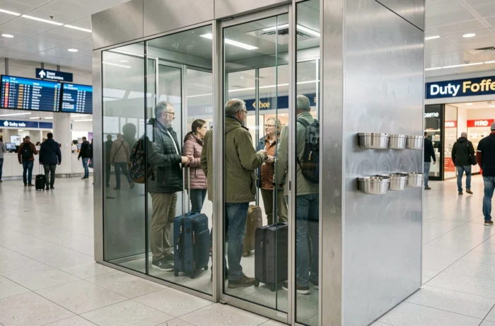 Fumoir vitré dans un terminal d'aéroport moderne avec des voyageurs adultes et des valises à roulettes