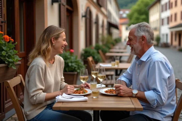 Couple savourant une choucroute alsacienne en terrasse d'une auberge traditionnelle dans le village de La Petite Pierre