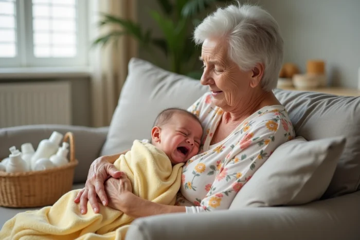 Grand-mère berçant tendrement un bébé en pleurs enveloppé dans une serviette jaune après le bain dans un salon familial