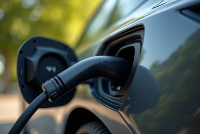 Gros plan sur la prise Supercharger Tesla insérée dans le port de charge d'un Tesla Model Y gris