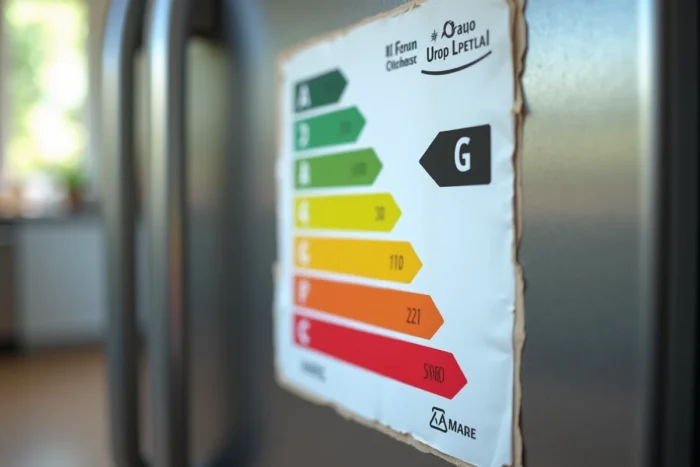 Gros plan sur l'étiquette de classe énergétique colorée collée sur la porte d'un réfrigérateur