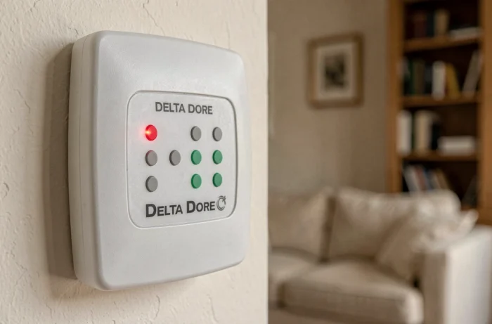 Gros plan sur le voyant rouge clignotant d'un module de contrôle Delta Dore fixé au mur dans un salon français