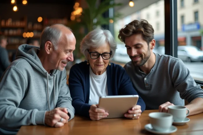 Groupe de personnes de différents âges consultant une plateforme d'information sur une tablette dans un café, symbole d'information partagée et accessible