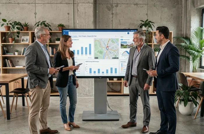 Groupe d'investisseurs immobiliers analysant un portefeuille de biens sur un écran tactile dans un espace de coworking moderne