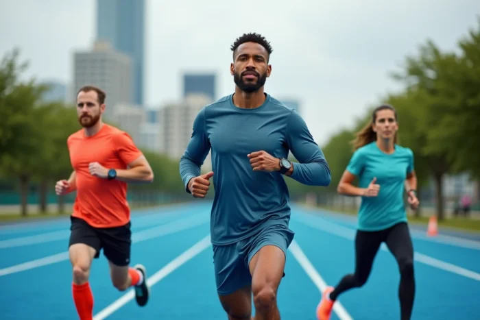 Groupe de sportifs en tenue technique s'étirant sur une piste de course urbaine avec montres GPS et équipements de running