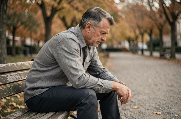 Homme adulte assis seul dans un parc en automne, regard perdu dans ses pensées, évoquant les répercussions émotionnelles des carences paternelles