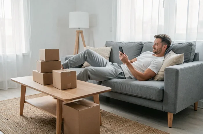 Homme consultant une application de shopping sur son téléphone allongé sur un canapé avec des colis de livraison en ligne devant lui
