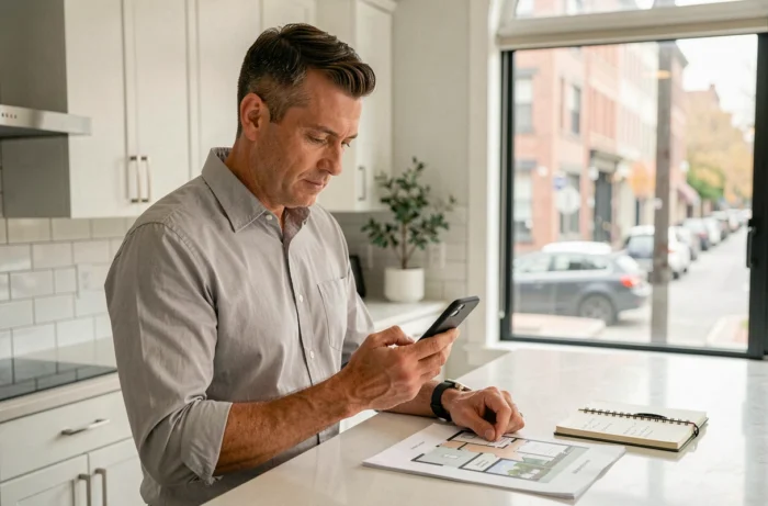Homme consultant une application de recherche de location immobilière sur son smartphone dans une cuisine moderne