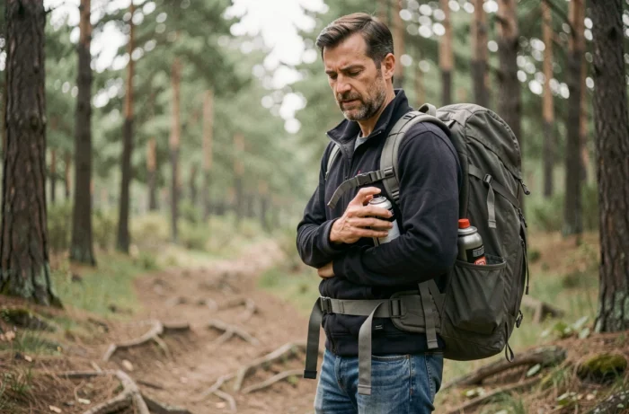 Homme fixant une bombe lacrymogène sur son sac à dos avant une randonnée en forêt