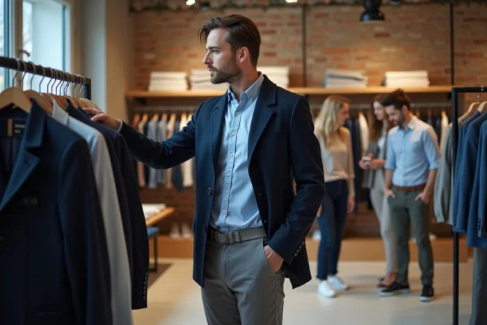 Homme examinant un manteau dans une boutique de vêtements inspirée du style de la série télévisée Demain nous appartient