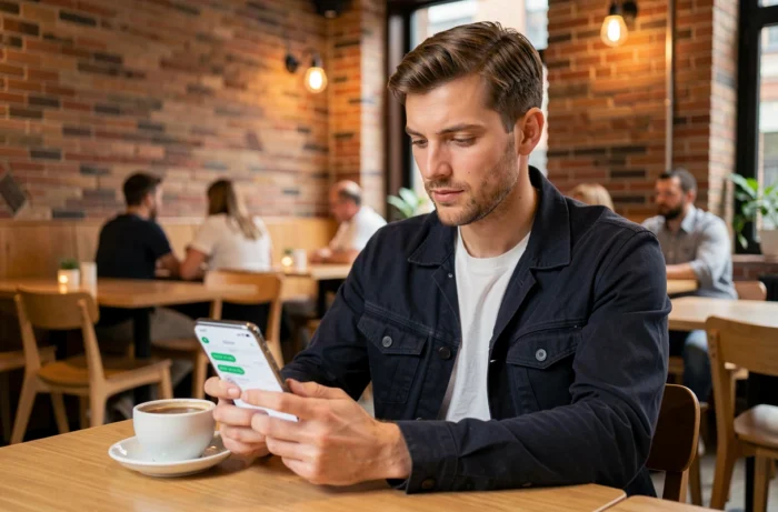 Homme dans un café vérifiant les indicateurs de présence verte sur une application de messagerie Snapchat
