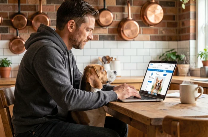 Homme comparant des assurances pour animaux de compagnie sur ordinateur portable avec son beagle dans une cuisine chaleureuse