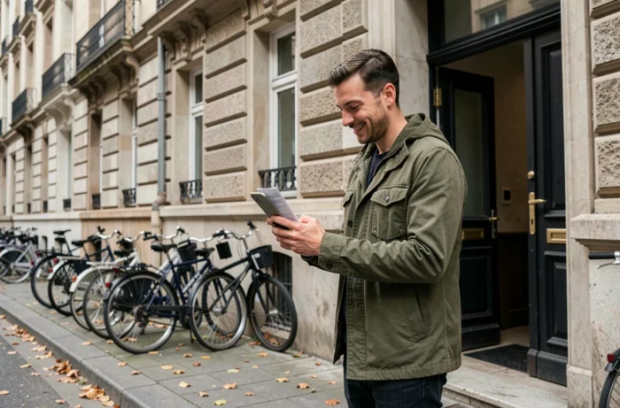 Homme consultant des offres de location d'appartement sur smartphone devant un immeuble parisien