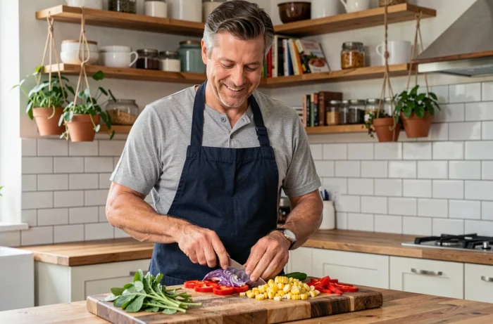 Homme préparant un repas coloré et créatif dans une cuisine familiale moderne avec des légumes frais sur une planche en bois