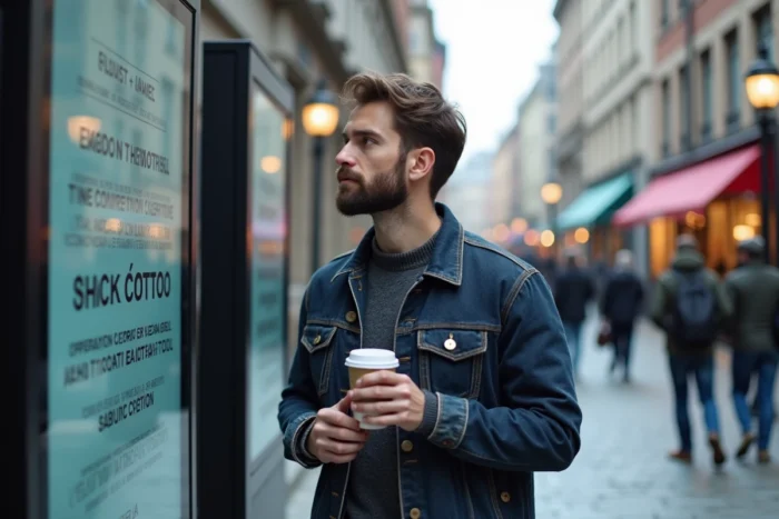 Homme consultant un écran d'information numérique public en milieu urbain, représentant l'accès libre à l'information pour le grand public